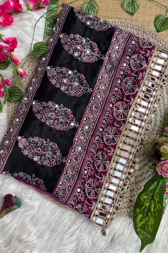 Wine Ajarak Print And Real Mirror Work Silk Blend Saree