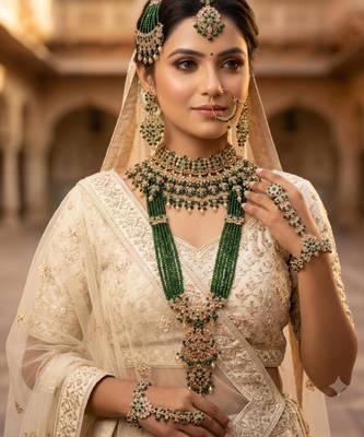 Green 2-layer bridal jewelry set with earrings, maang tikka, pasha, nath & panja | gold plated 1