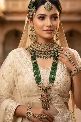 Green 2-layer bridal jewelry set with earrings, maang tikka, pasha, nath & panja | gold plated