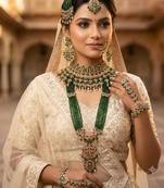 Green 2-layer bridal jewelry set with earrings, maang tikka, pasha, nath & panja | gold plated