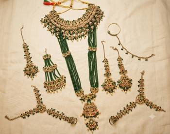 Green 2-layer bridal jewelry set with earrings, maang tikka, pasha, nath & panja | gold plated 2