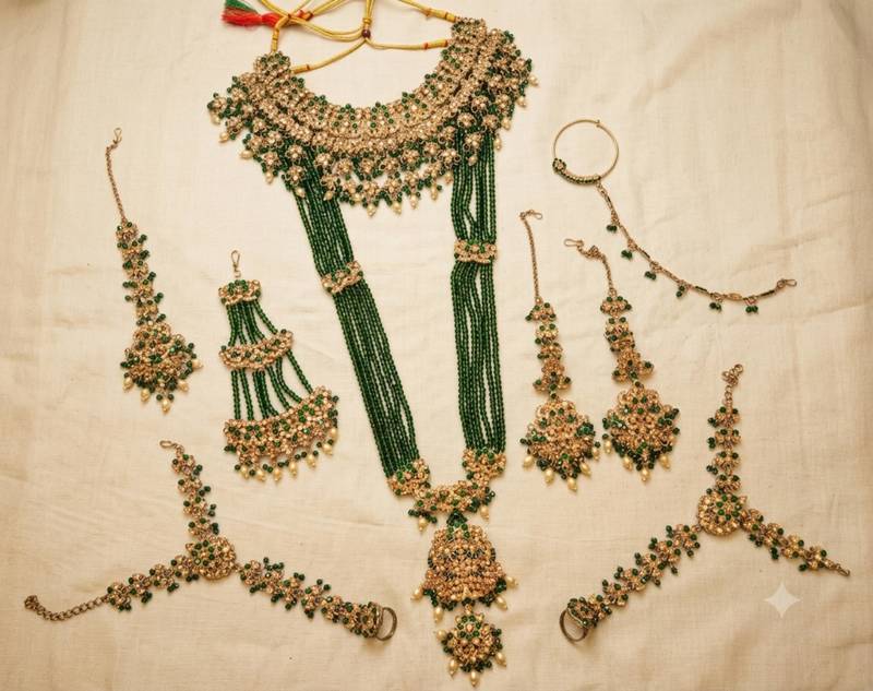 Green 2-layer bridal jewelry set with earrings, maang tikka, pasha, nath & panja | gold plated
