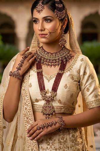maroon 2-layer bridal jewelry set with earrings, maang tikka, pasha, nath & panja   gold plated