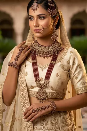 maroon 2-layer bridal jewelry set with earrings, maang tikka, pasha, nath & panja   gold plated