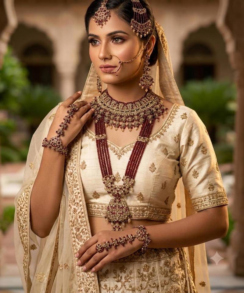 maroon 2-layer bridal jewelry set with earrings, maang tikka, pasha, nath & panja   gold plated