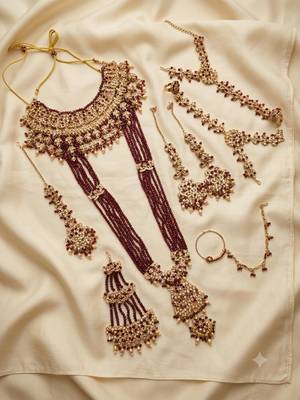 maroon 2-layer bridal jewelry set with earrings, maang tikka, pasha, nath & panja   gold plated 2