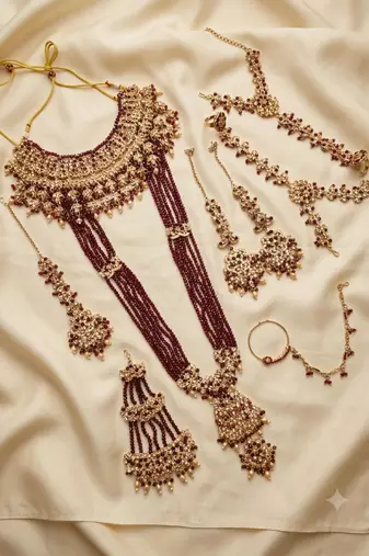 maroon 2-layer bridal jewelry set with earrings, maang tikka, pasha, nath & panja   gold plated