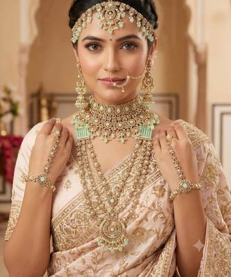 Pista 2-layer bridal jewelry set with earrings, maang tikka, pasha, nath & panja | gold plated 1