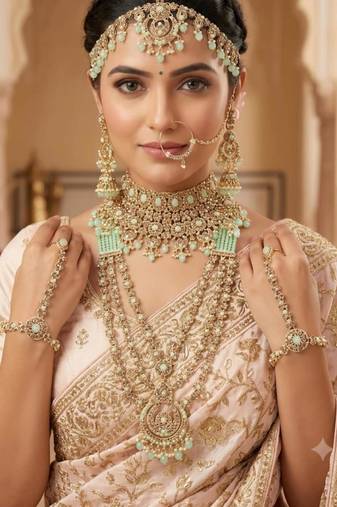 pista 2-layer bridal jewelry set with earrings, maang tikka, pasha, nath & panja   gold plated