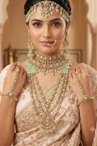 Pista 2-layer bridal jewelry set with earrings, maang tikka, pasha, nath & panja | gold plated