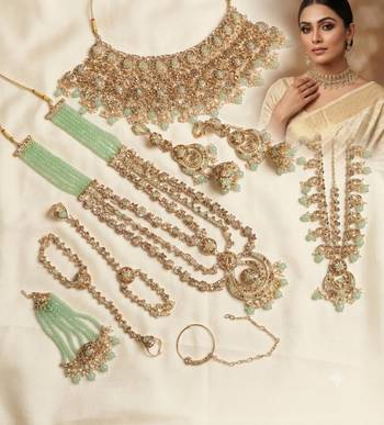 Pista 2-layer bridal jewelry set with earrings, maang tikka, pasha, nath & panja | gold plated 2