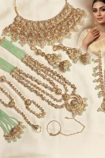 Pista 2-layer bridal jewelry set with earrings, maang tikka, pasha, nath & panja | gold plated