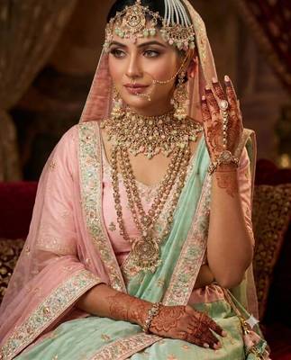 Pink pista color 2-layer necklace set with earrings, maang tikka, pasha, damani, nath & panja | agate stone 1