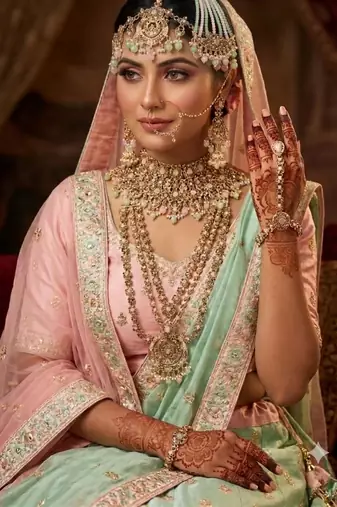 Pink pista color 2-layer necklace set with earrings, maang tikka, pasha, damani, nath & panja | agate stone