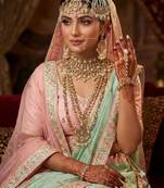 Pink pista color 2-layer necklace set with earrings, maang tikka, pasha, damani, nath & panja | agate stone
