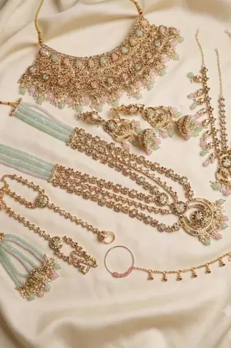Pink pista color 2-layer necklace set with earrings, maang tikka, pasha, damani, nath & panja | agate stone