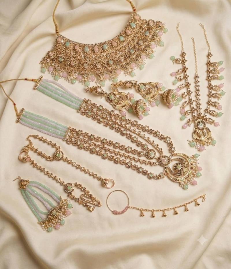 Pink pista color 2-layer necklace set with earrings, maang tikka, pasha, damani, nath & panja | agate stone