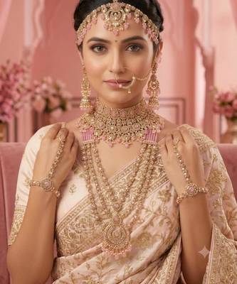 Baby pink 2-layer bridal jewelry set with earrings, maang tikka, pasha, nath & panja | gold plated 1