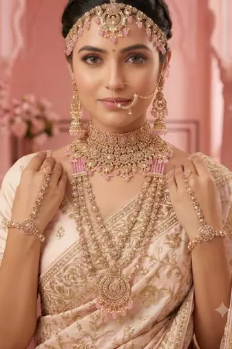 Baby pink 2-layer bridal jewelry set with earrings, maang tikka, pasha, nath & panja | gold plated