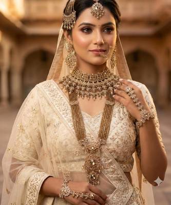 Champion color 2-layer bridal jewelry set with earrings, maang tikka, pasha, nath & panja | gold plated 1