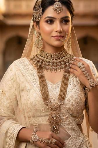 champion color 2-layer bridal jewelry set with earrings, maang tikka, pasha, nath & panja   gold plated