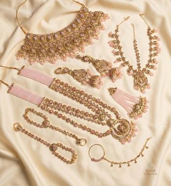 Baby pink 2-layer bridal jewelry set with earrings, maang tikka, pasha, nath & panja | gold plated 2