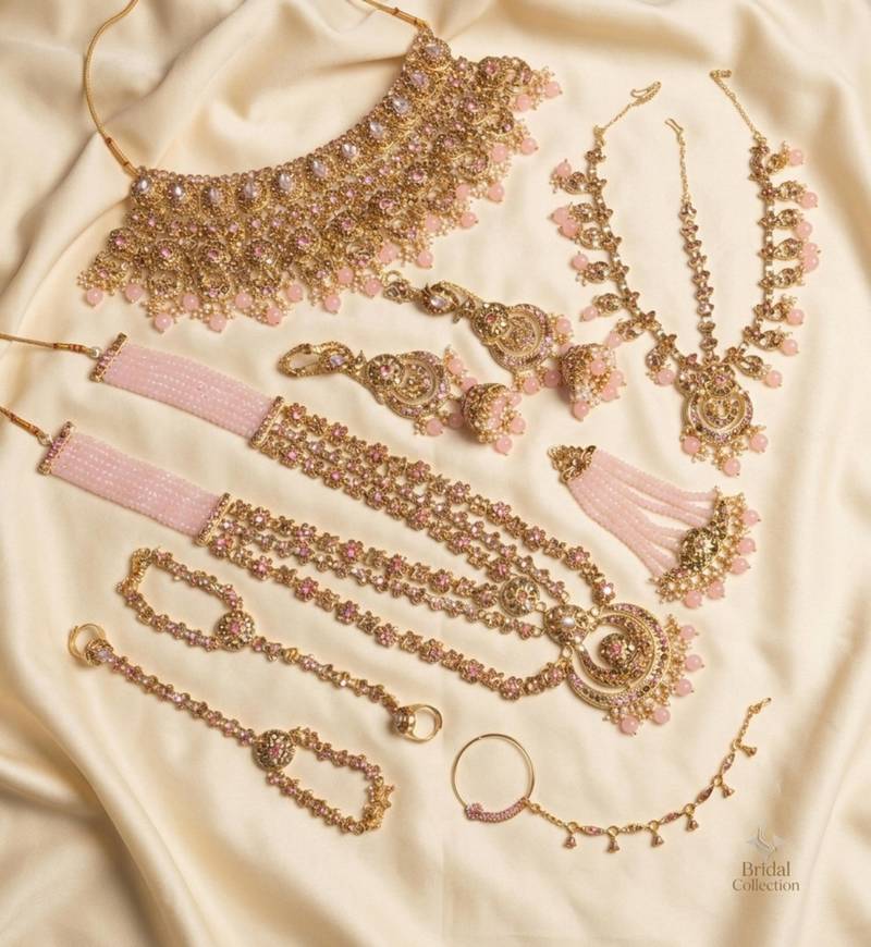 Baby pink 2-layer bridal jewelry set with earrings, maang tikka, pasha, nath & panja | gold plated