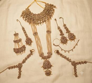 Champion color 2-layer bridal jewelry set with earrings, maang tikka, pasha, nath & panja | gold plated 2