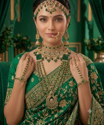 Green 2-layer bridal jewelry set with earrings, maang tikka, pasha, nath & panja | gold plated 1