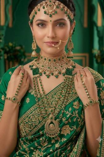 green 2-layer bridal jewelry set with earrings, maang tikka, pasha, nath & panja   gold plated
