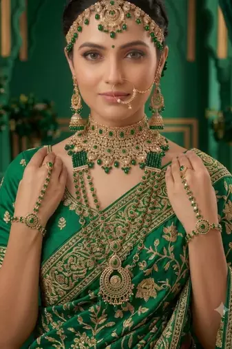 Green 2-layer bridal jewelry set with earrings, maang tikka, pasha, nath & panja | gold plated