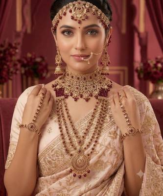 maroon 2-layer bridal jewelry set with earrings, maang tikka, pasha, nath & panja   gold plated 1