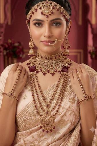 maroon 2-layer bridal jewelry set with earrings, maang tikka, pasha, nath & panja   gold plated