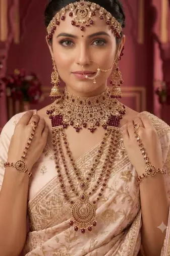 maroon 2-layer bridal jewelry set with earrings, maang tikka, pasha, nath & panja   gold plated