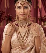 maroon 2-layer bridal jewelry set with earrings, maang tikka, pasha, nath & panja   gold plated