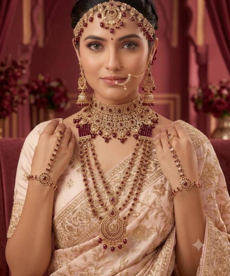 maroon 2-layer bridal jewelry set with earrings, maang tikka, pasha, nath & panja   gold plated