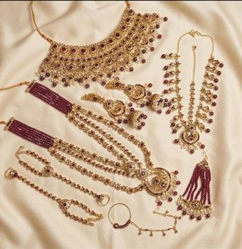 maroon 2-layer bridal jewelry set with earrings, maang tikka, pasha, nath & panja   gold plated 2