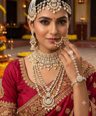 White 2-layer bridal jewelry set with earrings, maang tikka, pasha, nath & panja | gold plated 1