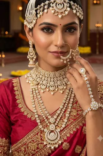 White 2-layer bridal jewelry set with earrings, maang tikka, pasha, nath & panja | gold plated
