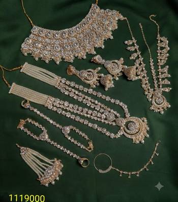 White 2-layer bridal jewelry set with earrings, maang tikka, pasha, nath & panja | gold plated 2