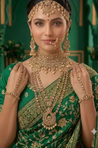 Champion color 2-layer bridal jewelry set with earrings, maang tikka, pasha, nath & panja | gold plated