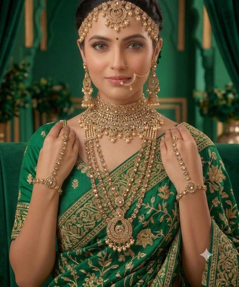 champion color 2-layer bridal jewelry set with earrings, maang tikka, pasha, nath & panja   gold plated