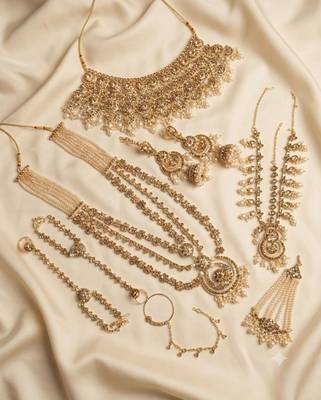 champion color 2-layer bridal jewelry set with earrings, maang tikka, pasha, nath & panja   gold plated 2