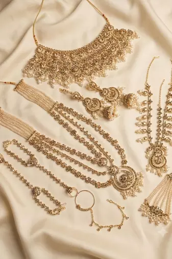 Champion color 2-layer bridal jewelry set with earrings, maang tikka, pasha, nath & panja | gold plated