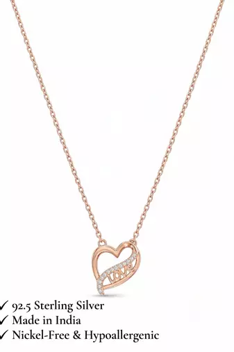 925 Sterling Silver Rose Gold CZ Heart Love Pendant Necklace Set  for Women