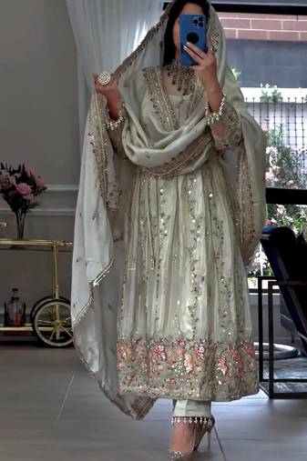 White Embroidery sequin Work Silk Blend Salwar Suit
