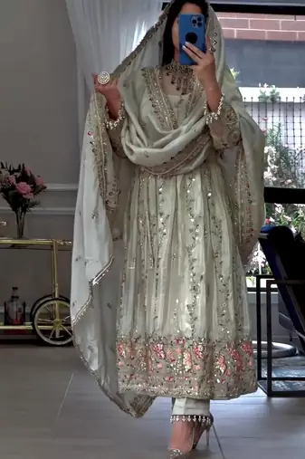 White Color Embroidery Sequence Work Silk Blend Salwar Suit