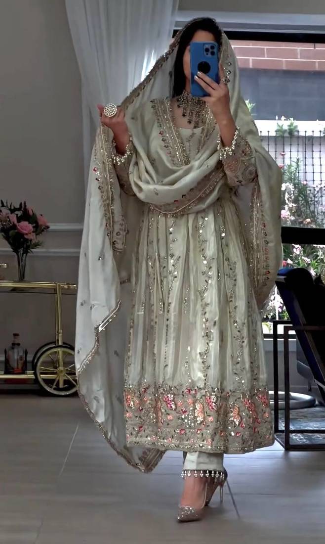 White Color Embroidery Sequence Work Silk Blend Salwar Suit