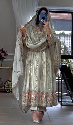 White Color Embroidery Sequence Work Silk Blend Salwar Suit 2