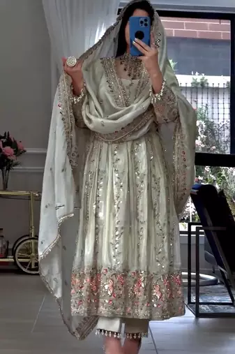 White Color Embroidery Sequence Work Silk Blend Salwar Suit